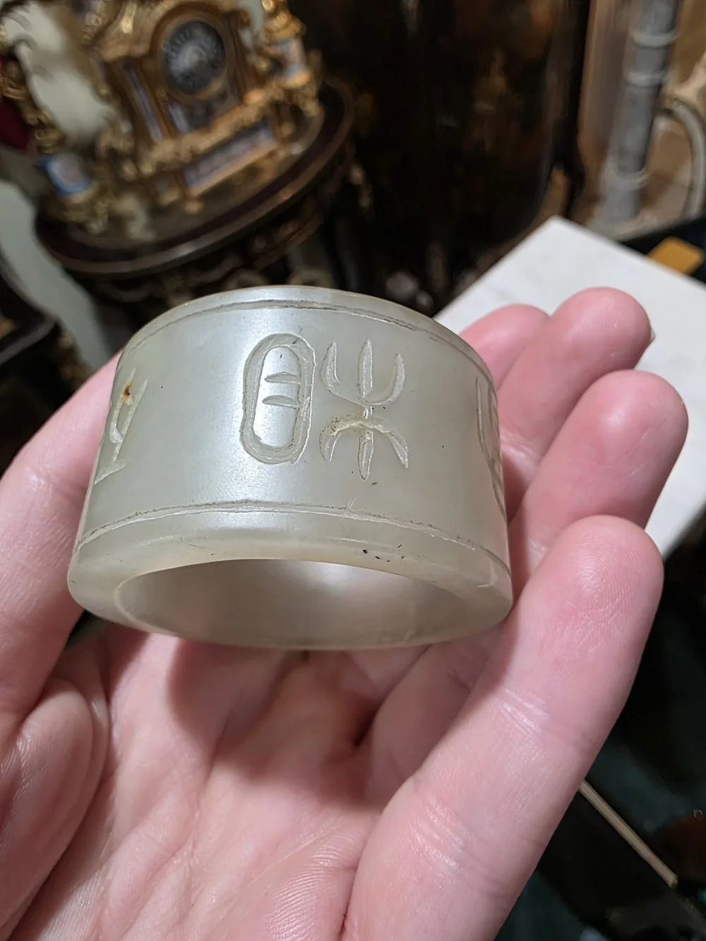 Chinese Nephrite Jade Cylinder Inscribed Character Ornament w/ Wood Stand 55g